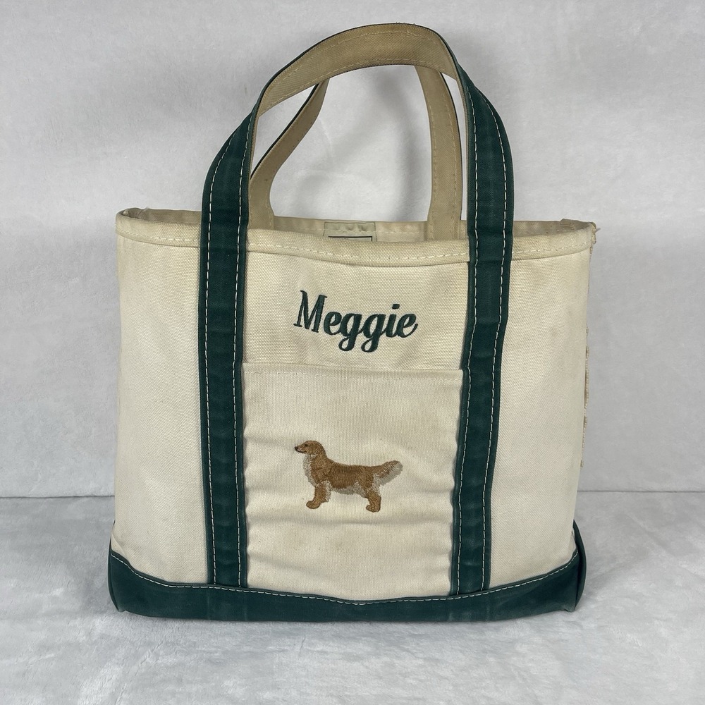 Vintage L.L.Bean Boat and Tote Canvas Bag Beige Green Dog Embroidery Made In USA